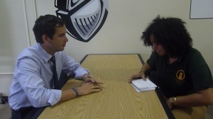 Senior Marina Keryakous interviews Jersey City mayor Steve Fulop Sept. 12. Fulop visited the school to present awards to students who participated in the "Stop the Drop" program.