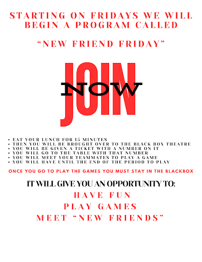 A flyer for people to join New Friend Friday.  
